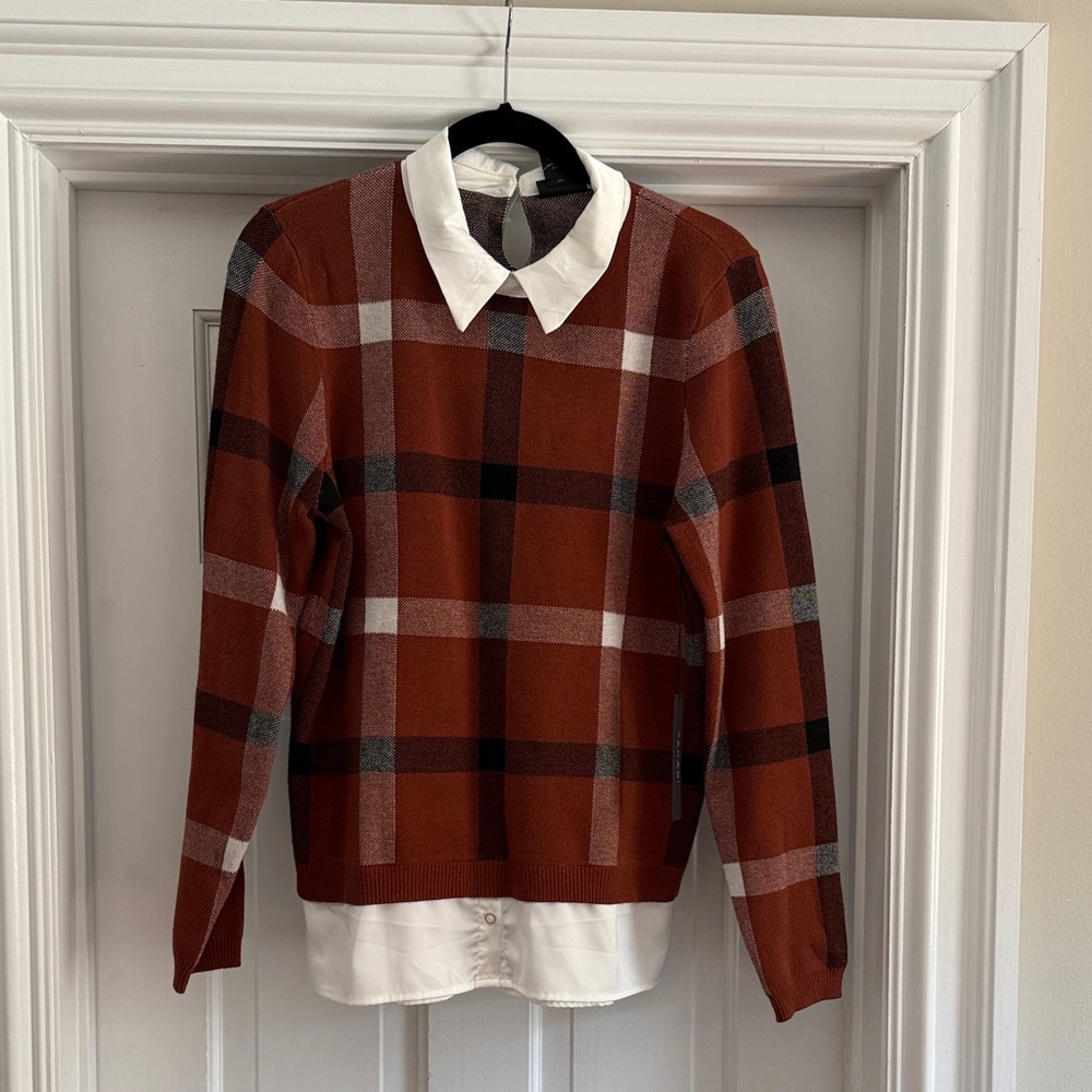 Tahari Mock Layer Plaid Sweater